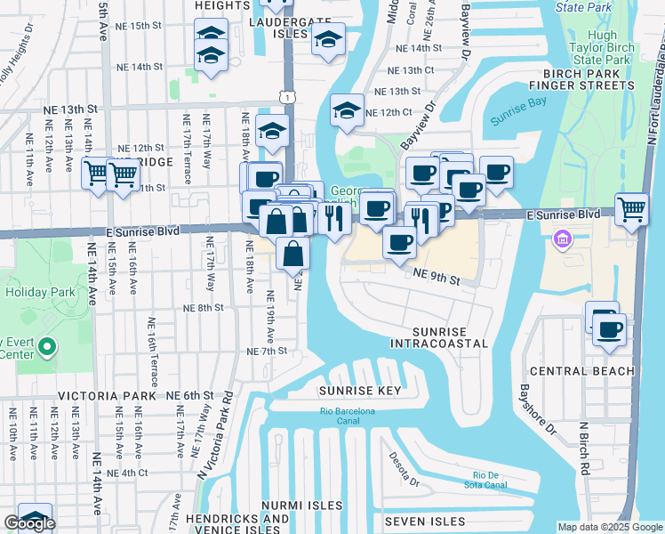 map of restaurants, bars, coffee shops, grocery stores, and more near 815 Middle River Drive in Fort Lauderdale