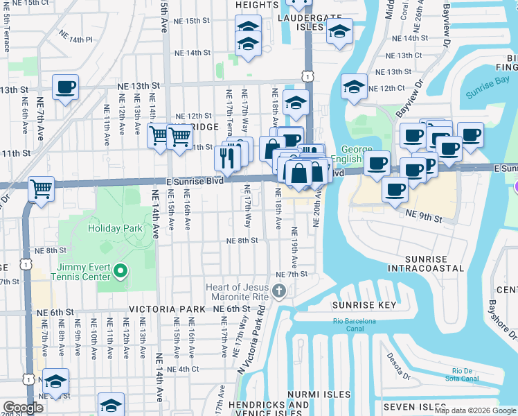 map of restaurants, bars, coffee shops, grocery stores, and more near 211 Northeast 9th Street in Fort Lauderdale