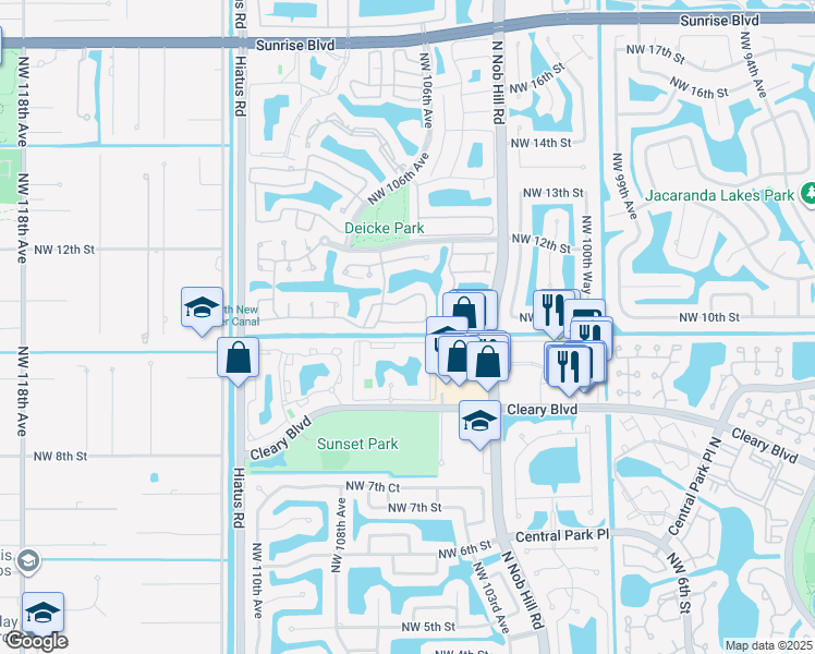 map of restaurants, bars, coffee shops, grocery stores, and more near 10536 Northwest 10th Street in Plantation