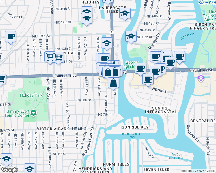 map of restaurants, bars, coffee shops, grocery stores, and more near 126 Northeast 19th Avenue in Fort Lauderdale