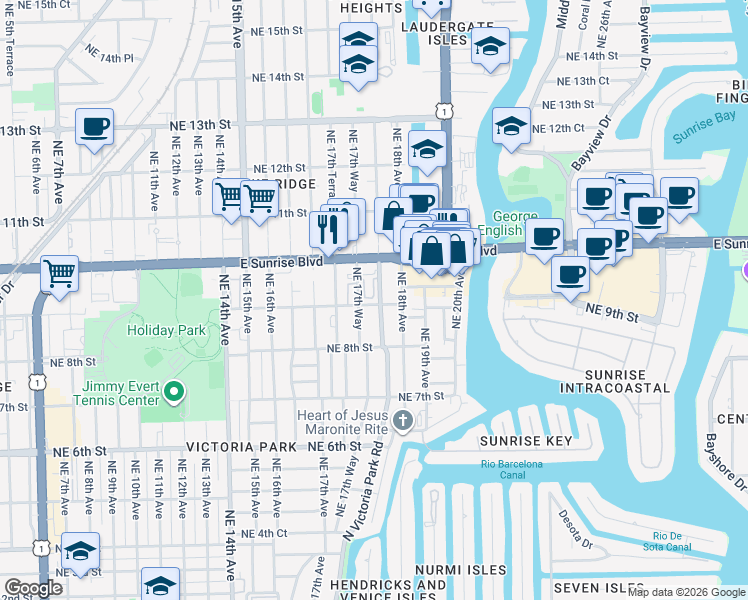 map of restaurants, bars, coffee shops, grocery stores, and more near 211 Northeast 9th Street in Fort Lauderdale