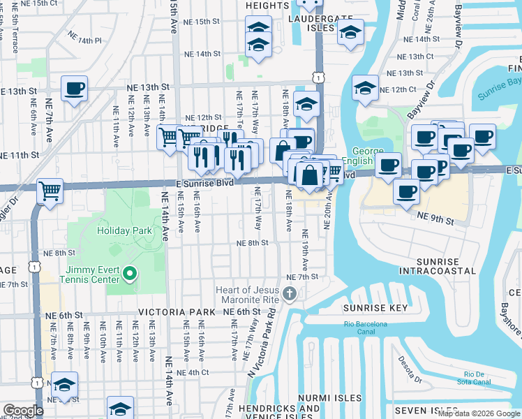 map of restaurants, bars, coffee shops, grocery stores, and more near 911 Northeast 17th Way in Fort Lauderdale