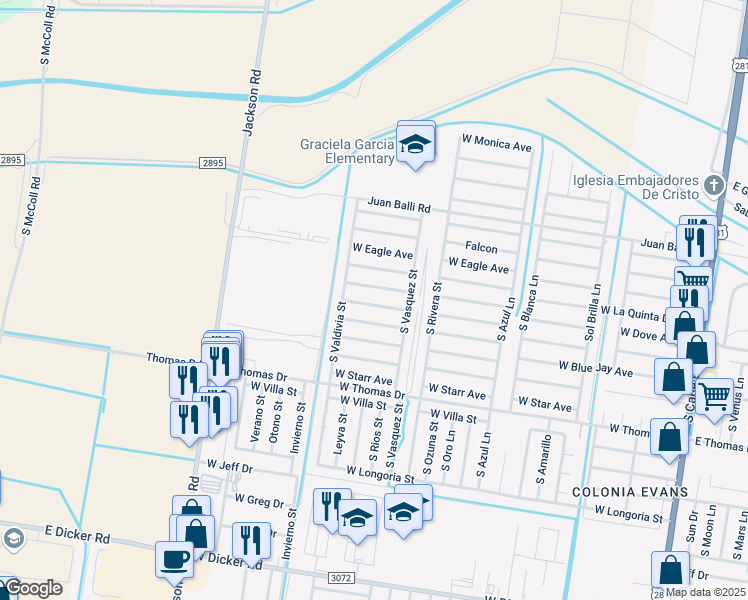 map of restaurants, bars, coffee shops, grocery stores, and more near 1007 West Dipper Avenue in Pharr