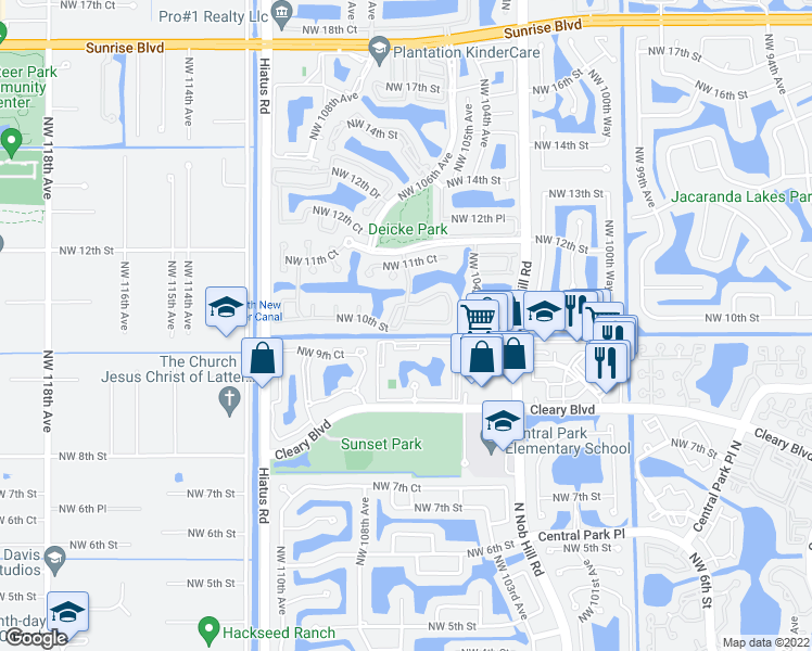 map of restaurants, bars, coffee shops, grocery stores, and more near 10548 Northwest 10th Street in Plantation