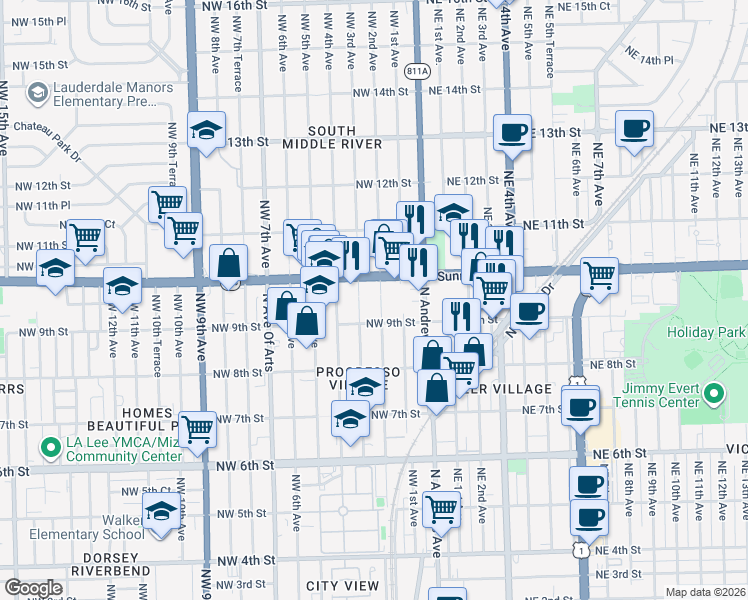 map of restaurants, bars, coffee shops, grocery stores, and more near 925 Northwest 2nd Avenue in Fort Lauderdale