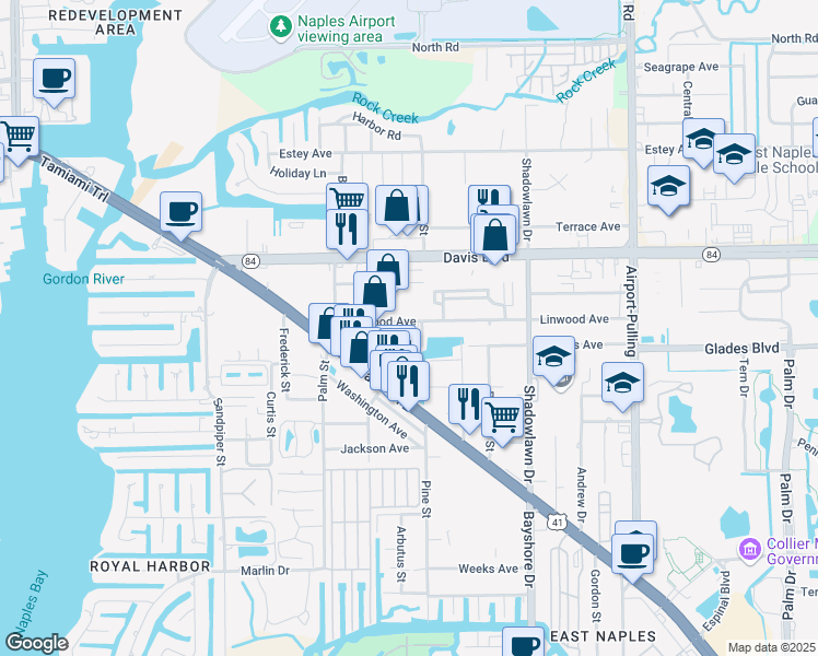 map of restaurants, bars, coffee shops, grocery stores, and more near 2408 Linwood Avenue in Naples