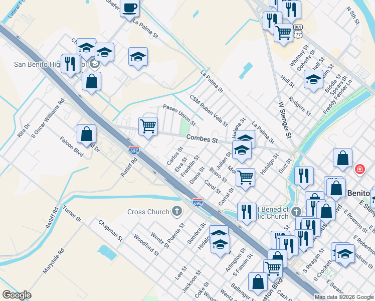map of restaurants, bars, coffee shops, grocery stores, and more near U.S. 77 Frontage Road in San Benito
