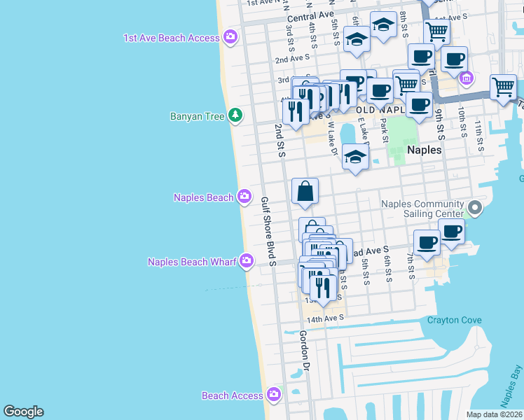 map of restaurants, bars, coffee shops, grocery stores, and more near 926 Gulf Shore Boulevard South in Naples