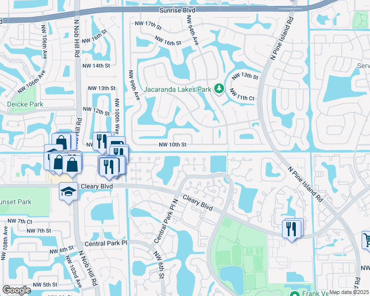 map of restaurants, bars, coffee shops, grocery stores, and more near 9620 Northwest 10th Street in Plantation