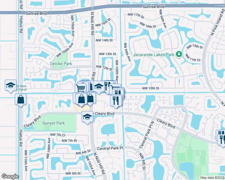 map of restaurants, bars, coffee shops, grocery stores, and more near 10080 Northwest 10th Street in Plantation