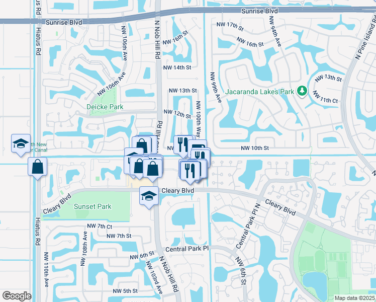 map of restaurants, bars, coffee shops, grocery stores, and more near 10080 Northwest 10th Street in Plantation
