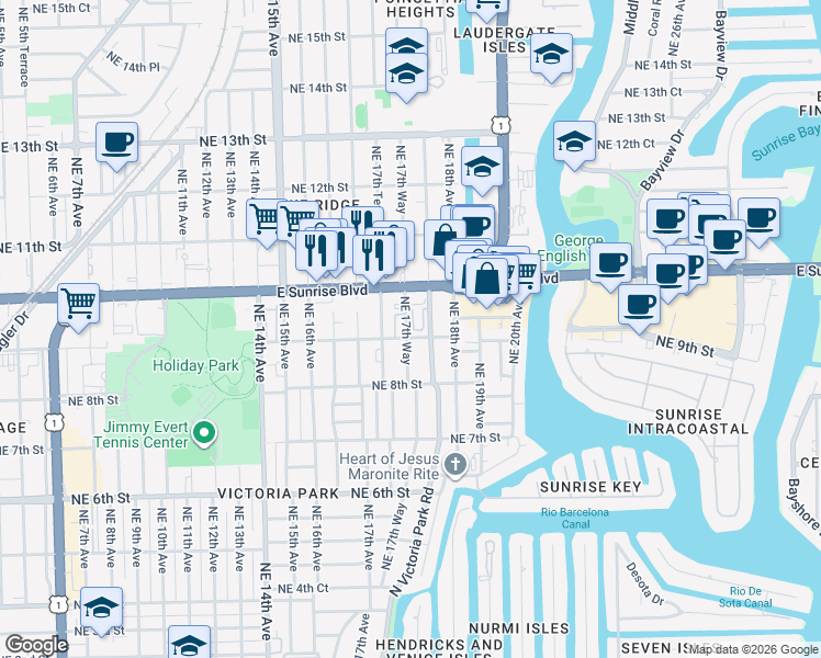 map of restaurants, bars, coffee shops, grocery stores, and more near 911 Northeast 17th Way in Fort Lauderdale