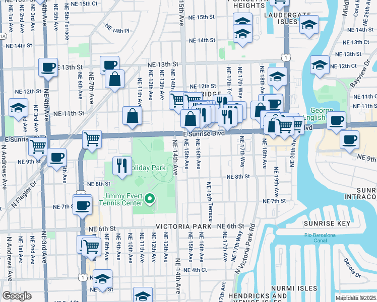 map of restaurants, bars, coffee shops, grocery stores, and more near 912-918 Northeast 15th Avenue in Fort Lauderdale