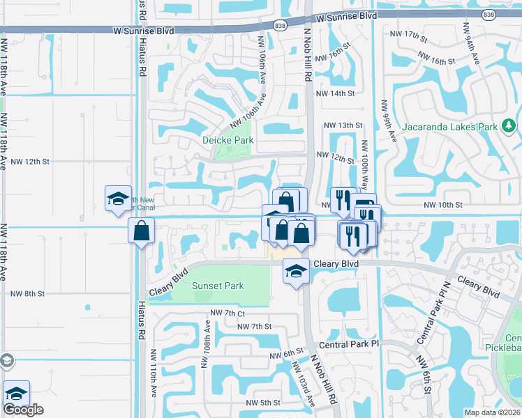 map of restaurants, bars, coffee shops, grocery stores, and more near 10536 Northwest 10th Street in Plantation