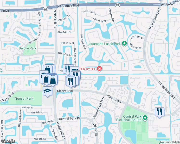 map of restaurants, bars, coffee shops, grocery stores, and more near 9840 Northwest 10th Street in Plantation