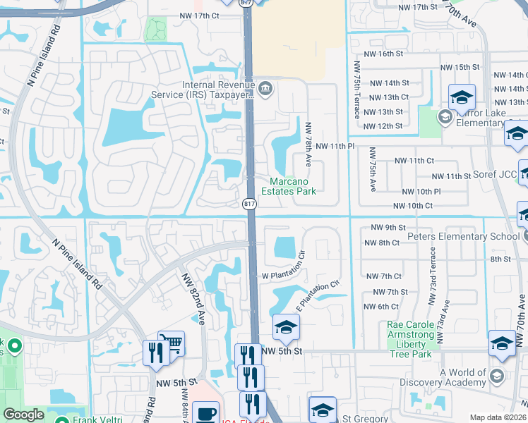 map of restaurants, bars, coffee shops, grocery stores, and more near 7940 Northwest 10th Street in Plantation