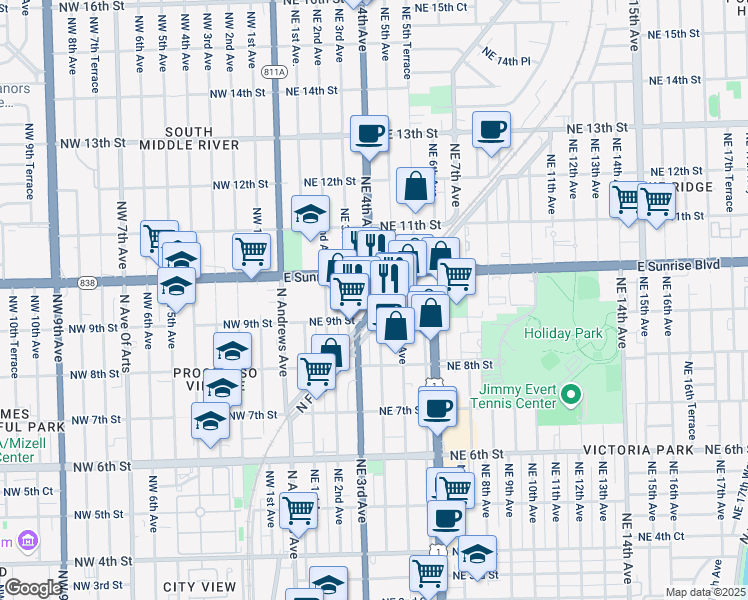 map of restaurants, bars, coffee shops, grocery stores, and more near 414 East Sunrise Boulevard in Fort Lauderdale