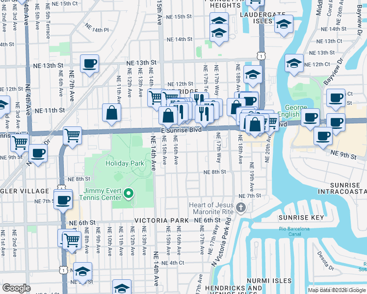 map of restaurants, bars, coffee shops, grocery stores, and more near 909 Northeast 16th Terrace in Fort Lauderdale