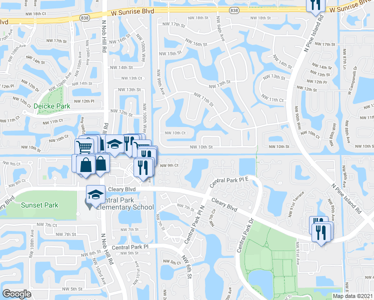 map of restaurants, bars, coffee shops, grocery stores, and more near 9760 Northwest 10th Street in Plantation