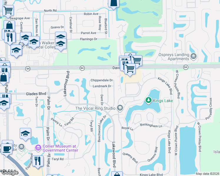 map of restaurants, bars, coffee shops, grocery stores, and more near 141 Debron Drive in Naples