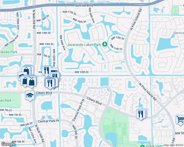 map of restaurants, bars, coffee shops, grocery stores, and more near 9580 Northwest 10th Street in Plantation