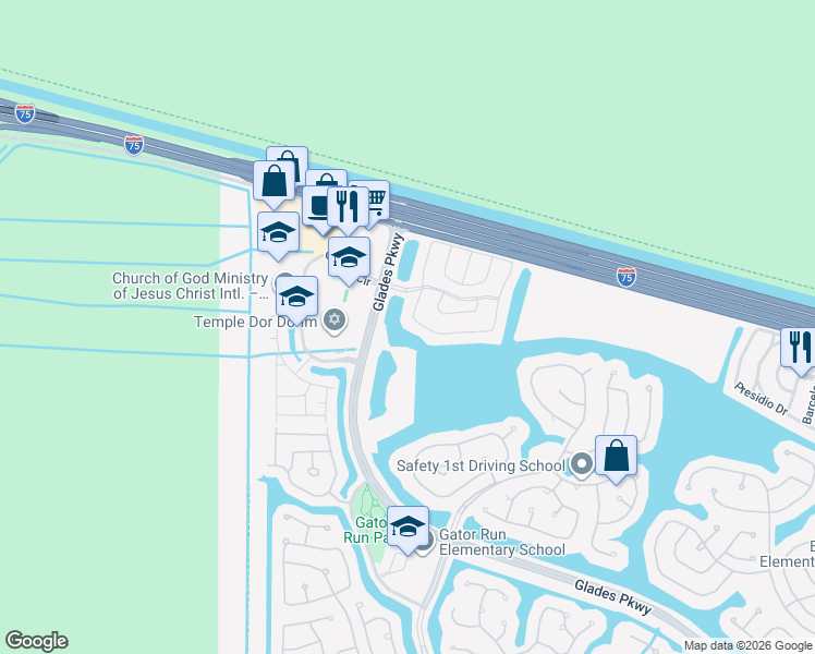 map of restaurants, bars, coffee shops, grocery stores, and more near 1673 Salerno Circle in Weston