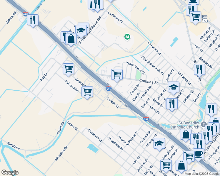 map of restaurants, bars, coffee shops, grocery stores, and more near Interstate 69E in San Benito
