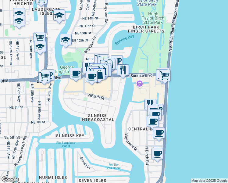 map of restaurants, bars, coffee shops, grocery stores, and more near 935 Intracoastal Drive in Fort Lauderdale