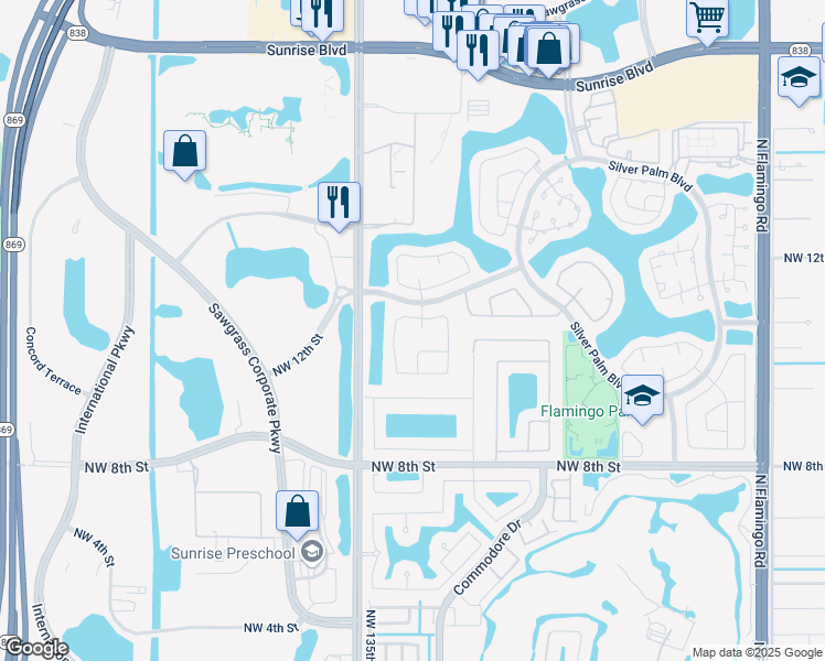 map of restaurants, bars, coffee shops, grocery stores, and more near 13354 Northwest 11th Place in Sunrise