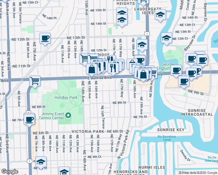 map of restaurants, bars, coffee shops, grocery stores, and more near 908 Northeast 17th Avenue in Fort Lauderdale