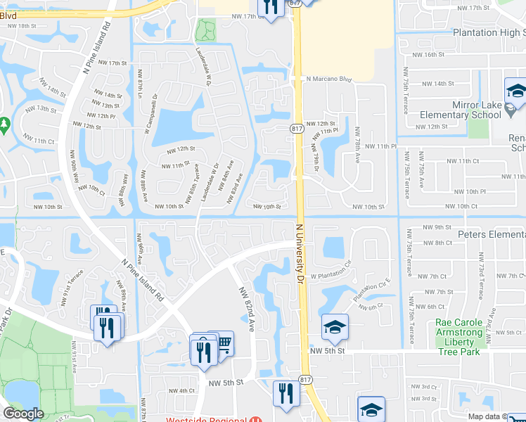 map of restaurants, bars, coffee shops, grocery stores, and more near 8070 Northwest 10th Street in Plantation