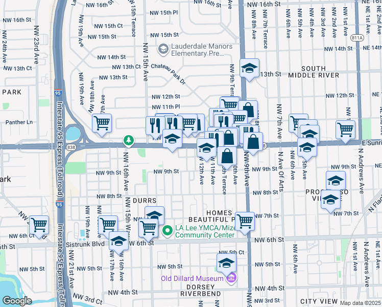 map of restaurants, bars, coffee shops, grocery stores, and more near 1260 West Sunrise Boulevard in Fort Lauderdale