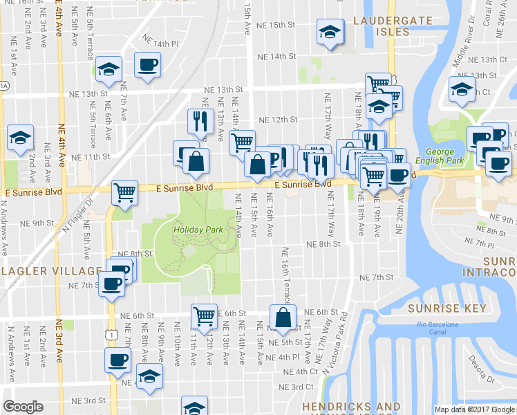 map of restaurants, bars, coffee shops, grocery stores, and more near 912-918 Northeast 15th Avenue in Fort Lauderdale