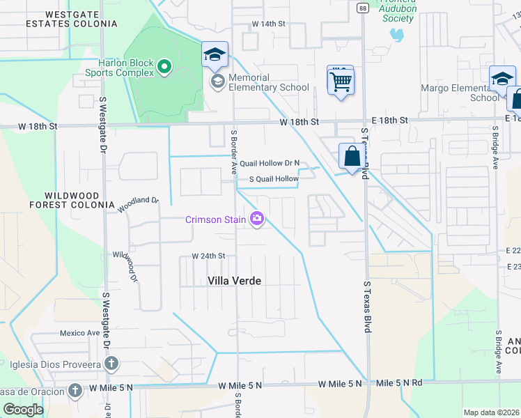 map of restaurants, bars, coffee shops, grocery stores, and more near 2219 Eve Avenue in Weslaco