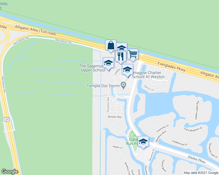 map of restaurants, bars, coffee shops, grocery stores, and more near 2566 Cordoba Bend in Weston