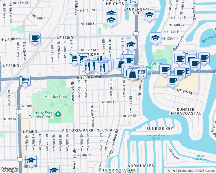 map of restaurants, bars, coffee shops, grocery stores, and more near 911 Northeast 17th Way in Fort Lauderdale