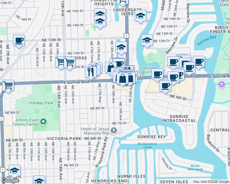 map of restaurants, bars, coffee shops, grocery stores, and more near 211 Northeast 9th Street in Fort Lauderdale