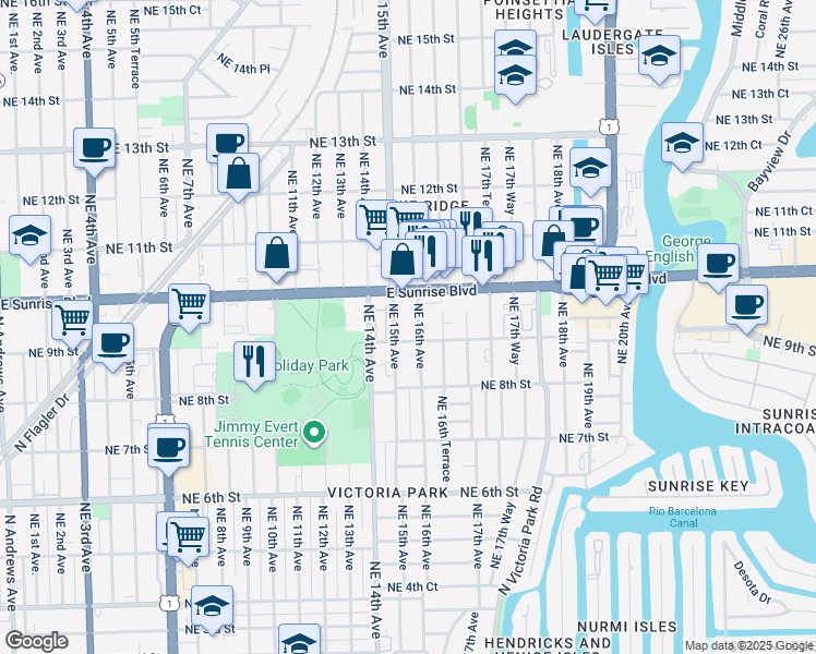 map of restaurants, bars, coffee shops, grocery stores, and more near 912-918 Northeast 15th Avenue in Fort Lauderdale