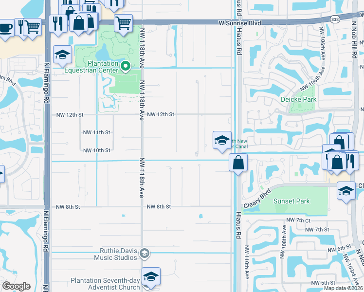 map of restaurants, bars, coffee shops, grocery stores, and more near 1060 Northwest 116th Avenue in Plantation