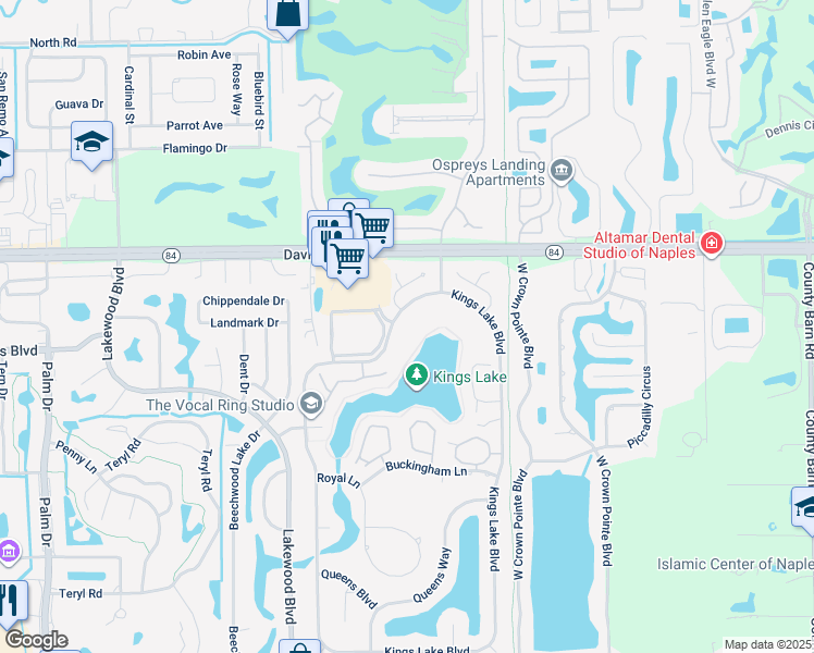 map of restaurants, bars, coffee shops, grocery stores, and more near 1704 Kings Lake Boulevard in Naples