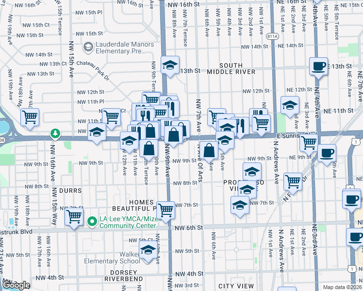 map of restaurants, bars, coffee shops, grocery stores, and more near 770 West Sunrise Boulevard in Fort Lauderdale