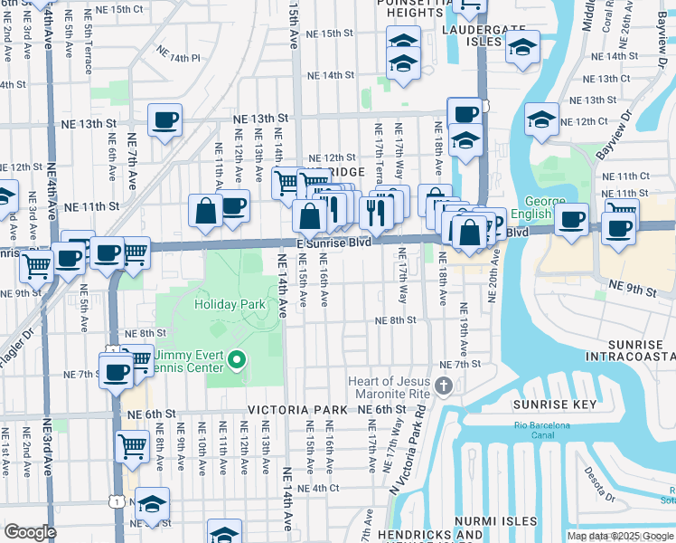 map of restaurants, bars, coffee shops, grocery stores, and more near 915 Northeast 16th Terrace in Fort Lauderdale