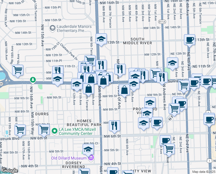 map of restaurants, bars, coffee shops, grocery stores, and more near 770 West Sunrise Boulevard in Fort Lauderdale