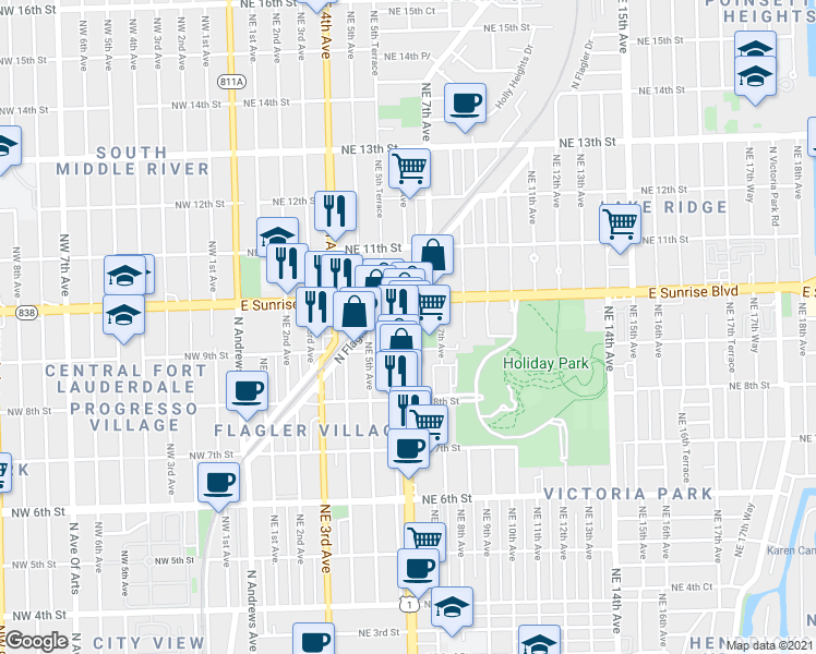 map of restaurants, bars, coffee shops, grocery stores, and more near 913 North Federal Highway in Fort Lauderdale