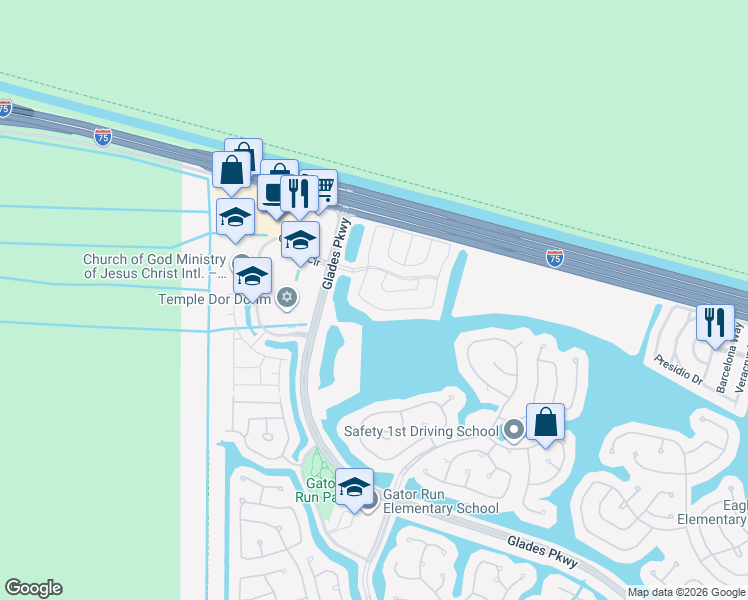 map of restaurants, bars, coffee shops, grocery stores, and more near 1638 Salerno Circle in Weston
