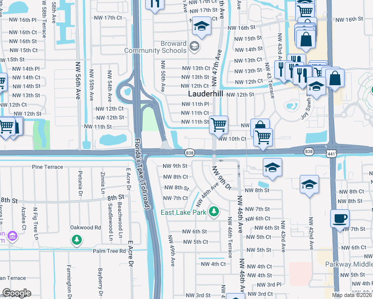 map of restaurants, bars, coffee shops, grocery stores, and more near 104 Northwest 49th Avenue in Plantation