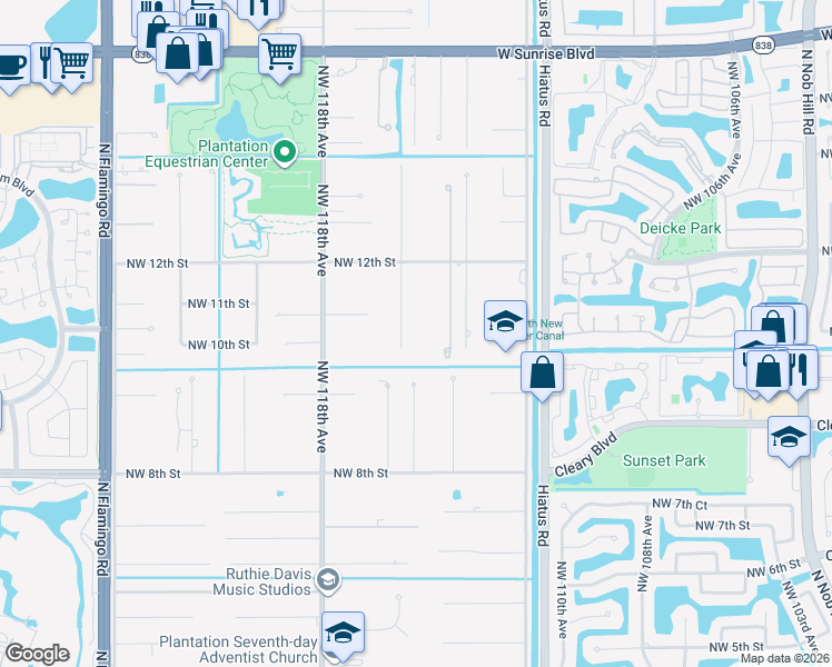 map of restaurants, bars, coffee shops, grocery stores, and more near 1060 Northwest 116th Avenue in Plantation