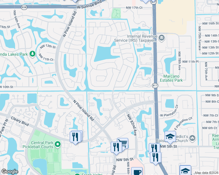 map of restaurants, bars, coffee shops, grocery stores, and more near 8532 Northwest 10th Street in Plantation
