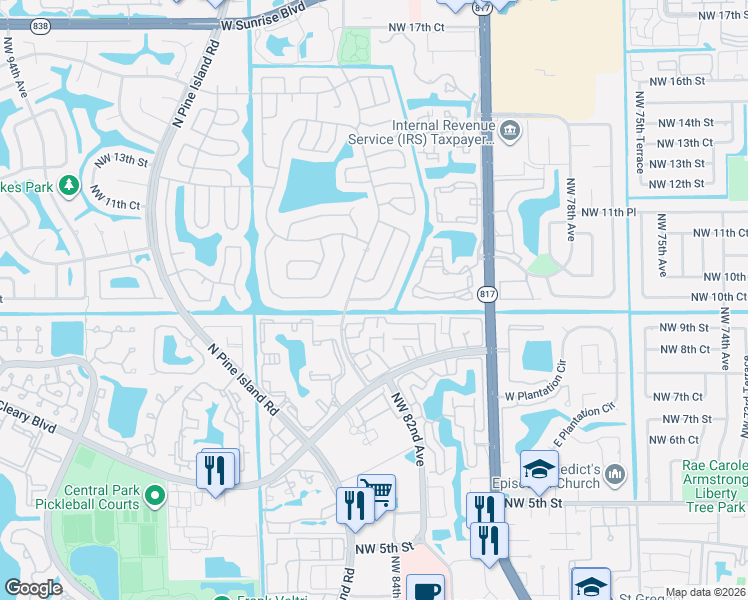 map of restaurants, bars, coffee shops, grocery stores, and more near 8432 Northwest 10th Street in Plantation