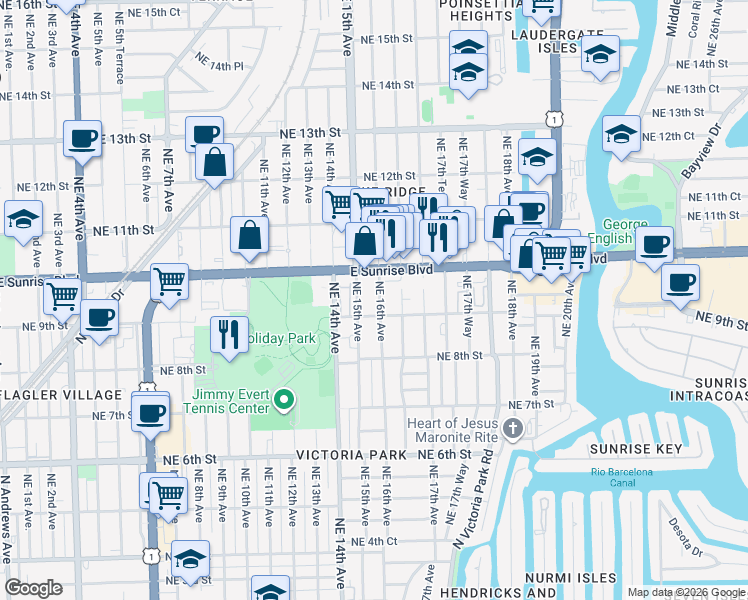 map of restaurants, bars, coffee shops, grocery stores, and more near 917 Northeast 16th Avenue in Fort Lauderdale